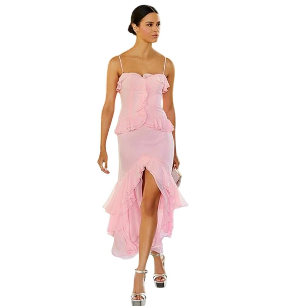 Gianni Bini Sam Sweetheart Neck Sleeveless Ruffle Chiffon Long Dress Pink 10